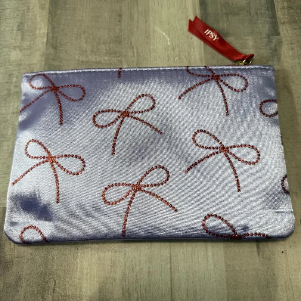 Ipsy December 2025 Purple Red Sparkle Bows Zip Makeup Pouch NWOT BAG ONLY EMPTY